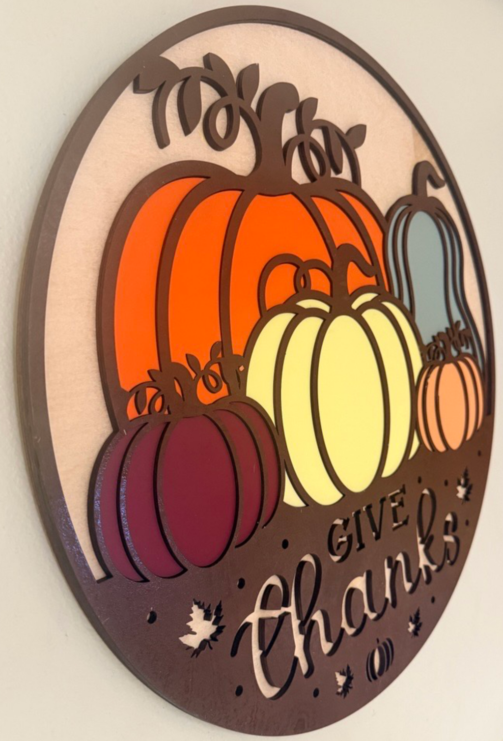 "Give Thanks" Fall Pumpkin Wood Sign - 17" Round Thanksgiving Decor