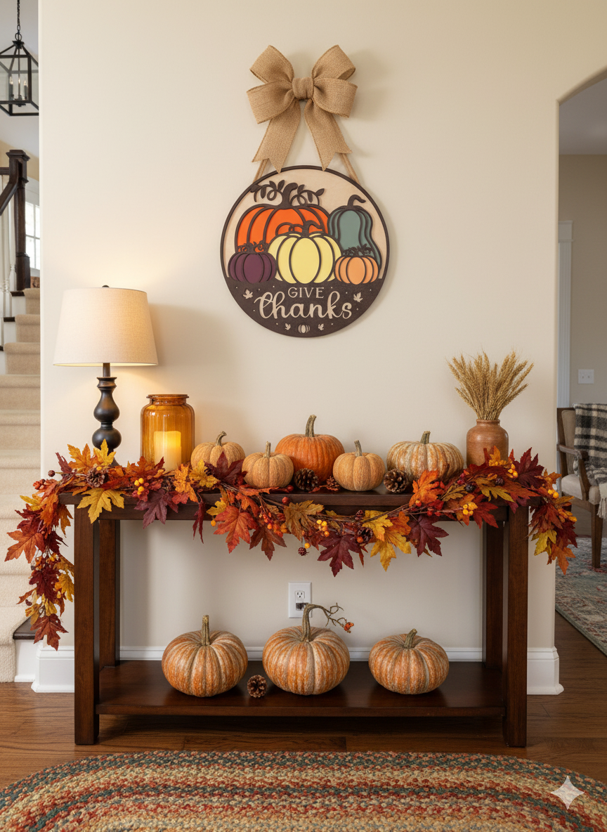 "Give Thanks" Fall Pumpkin Wood Sign - 17" Round Thanksgiving Decor