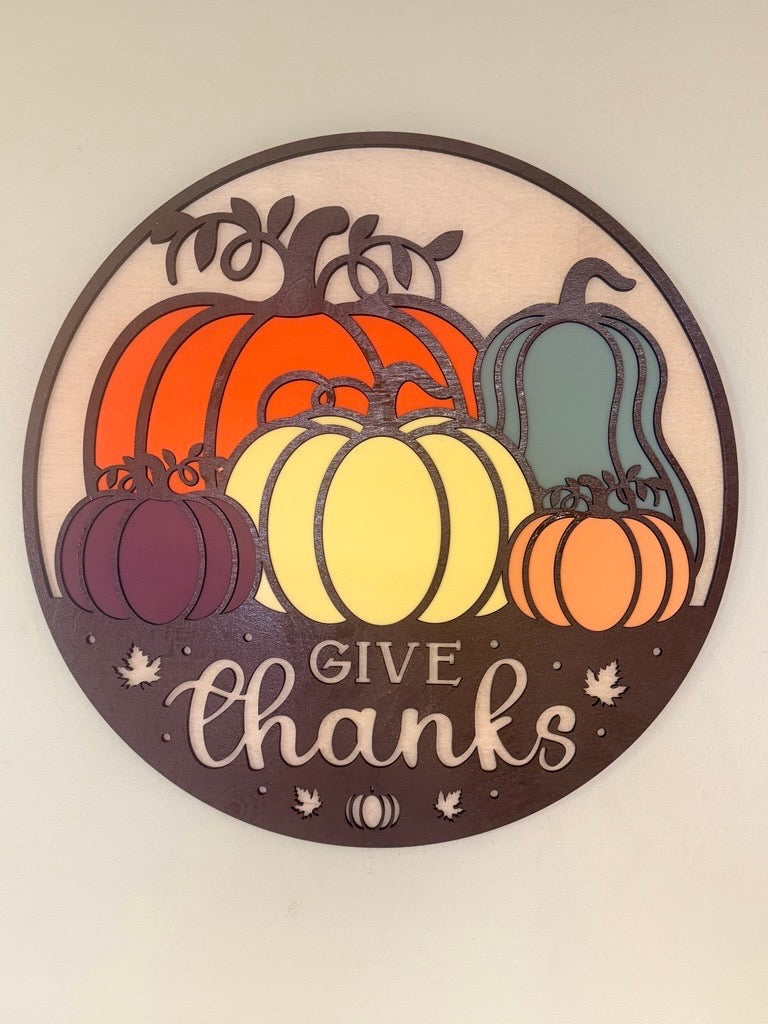 "Give Thanks" Fall Pumpkin Wood Sign - 17" Round Thanksgiving Decor