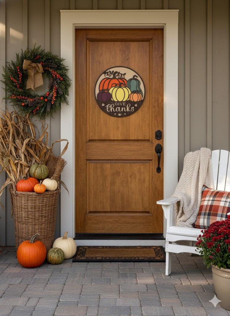 "Give Thanks" Fall Pumpkin Wood Sign - 17" Round Thanksgiving Decor