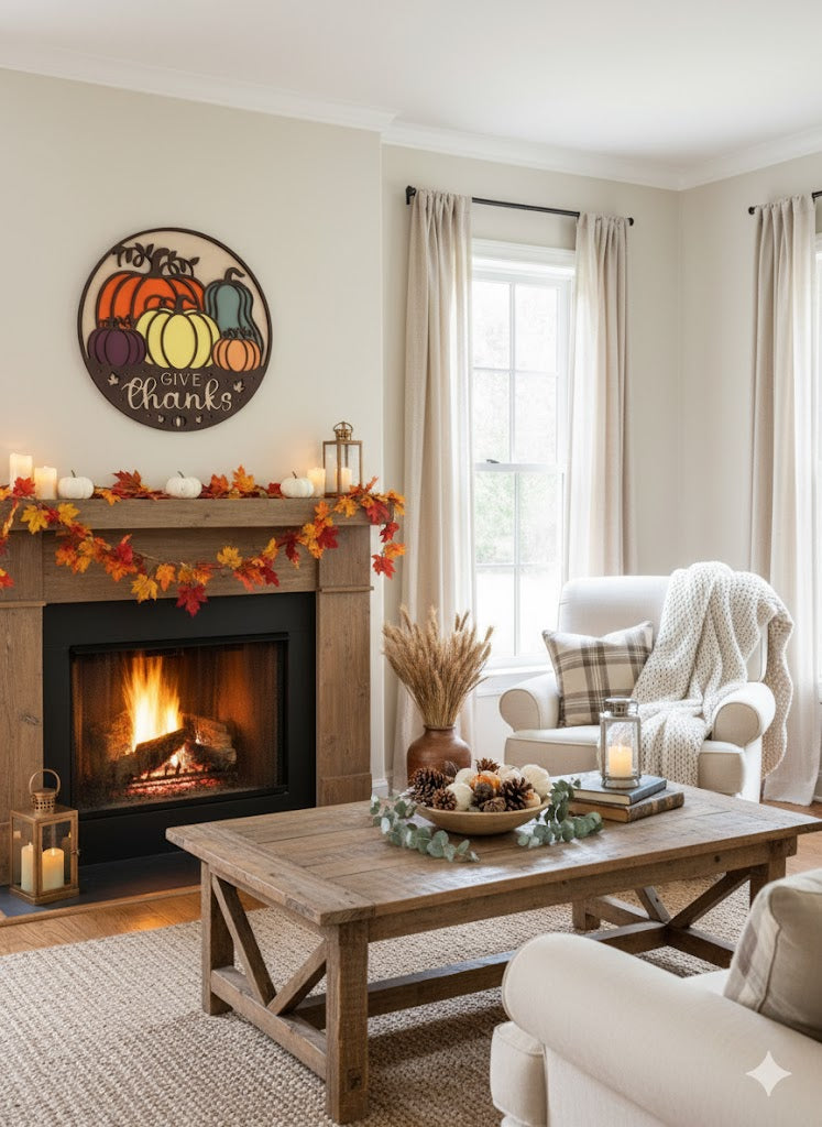 "Give Thanks" Fall Pumpkin Wood Sign - 17" Round Thanksgiving Decor