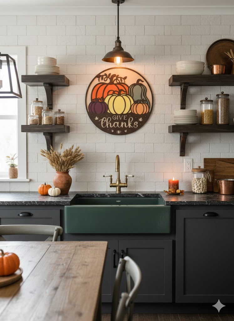 "Give Thanks" Fall Pumpkin Wood Sign - 17" Round Thanksgiving Decor