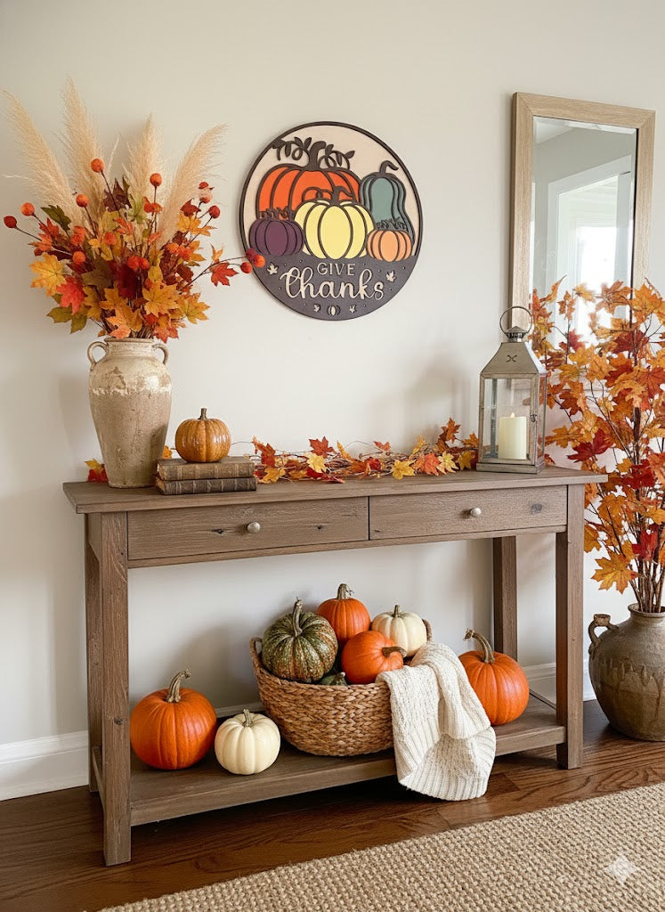 "Give Thanks" Fall Pumpkin Wood Sign - 17" Round Thanksgiving Decor